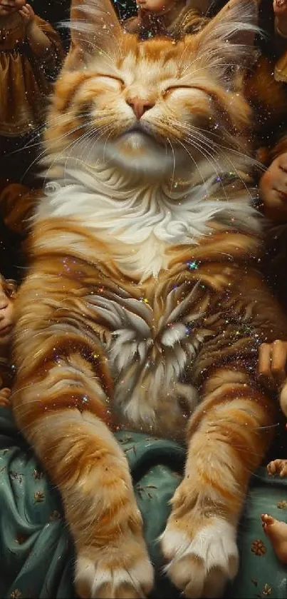 Cat surrounded by cherubic figures in a dreamy, artistic setting.