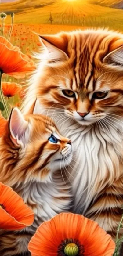Two cats in an orange wildflower meadow at sunset.