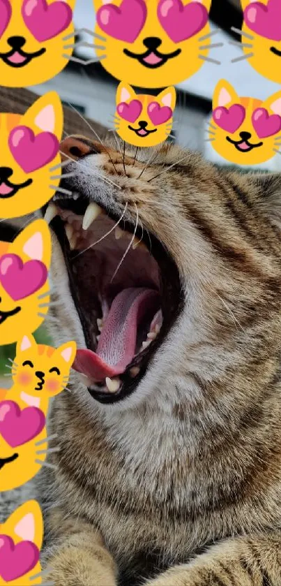 Yawning cat with heart-eyed emoji overlay wallpaper.