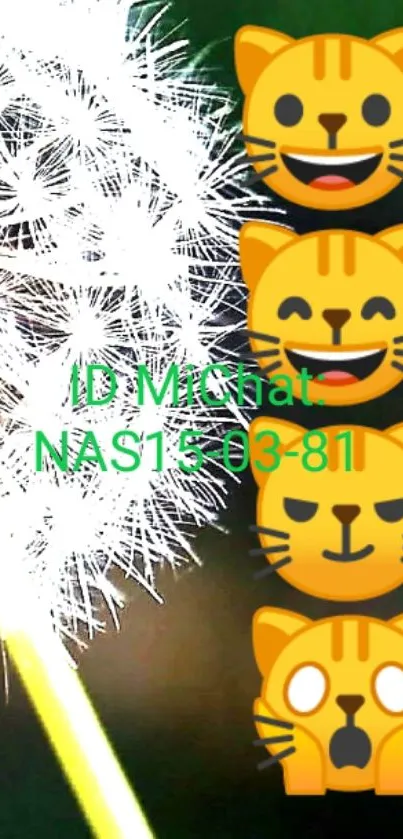 Cat emojis beside a glowing dandelion on a green background.