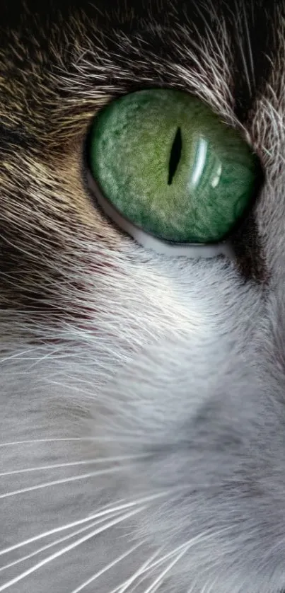 Close-up of a cat's green eye with detailed fur texture.