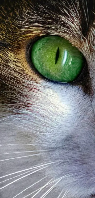 Close-up of a cat's eye with vivid green color and detailed textures.