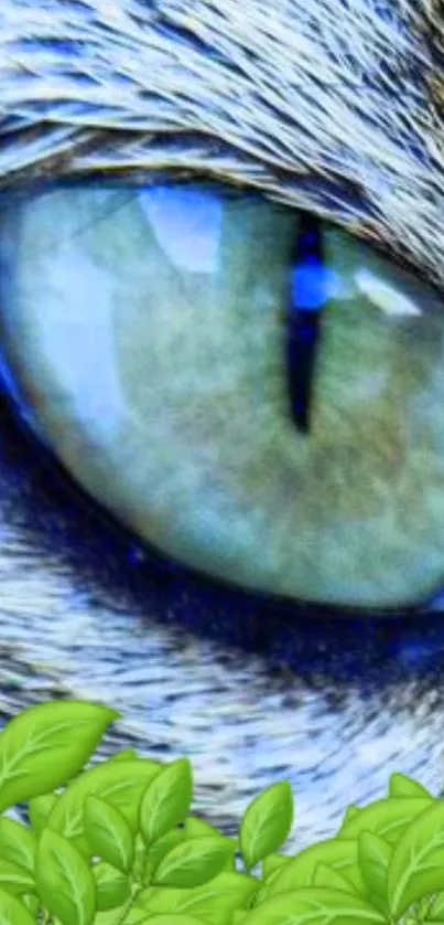 Close-up of a cat's green eye with fur and leaves.