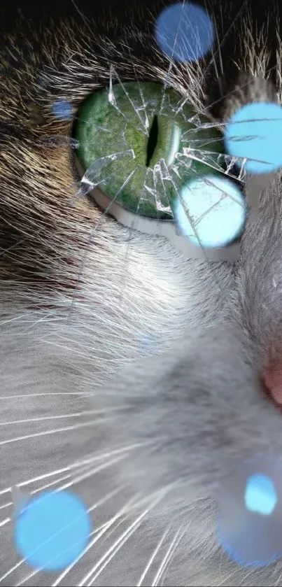 Close-up of cat's eye with cracked glass effect and blue highlights.