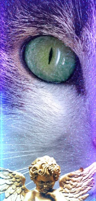 Wallpaper of a cat's green eye with a golden angel statue.