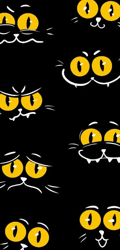 Playful yellow cat eyes wallpaper on black background.