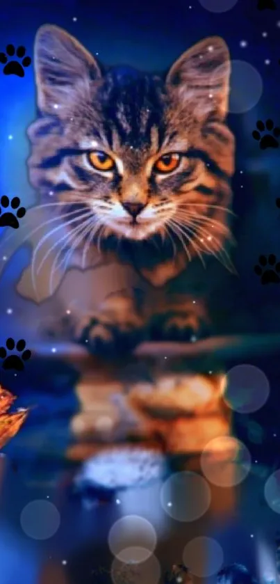 Fantasy night cat wallpaper with blue hues and glowing eyes.