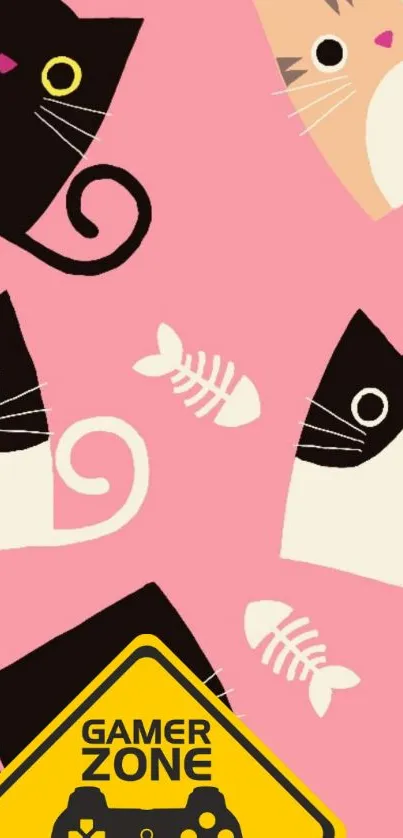 Cartoon cats and gaming motif on a pink background.