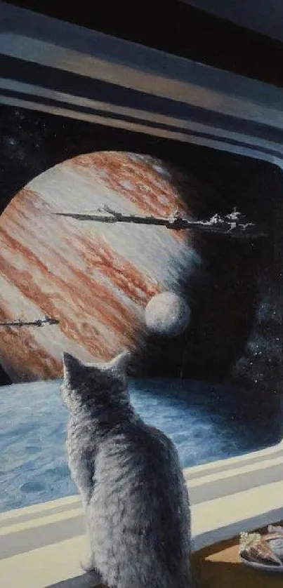 Cat looking out spaceship window at planets and spacecraft.