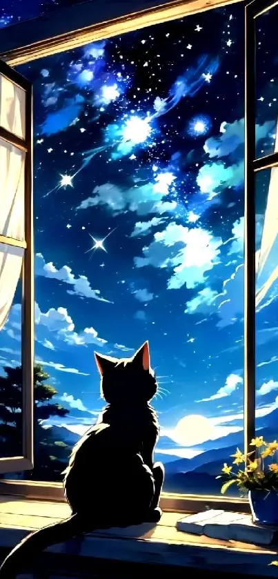 Cat gazes at starry sky through open window, creating serene and dreamy scene.