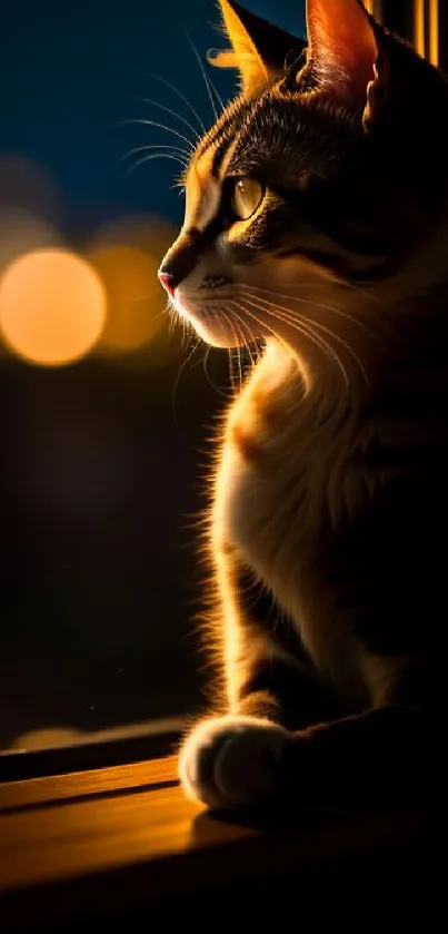 Cat gazing out a window at the starry night with warm glowing lights.