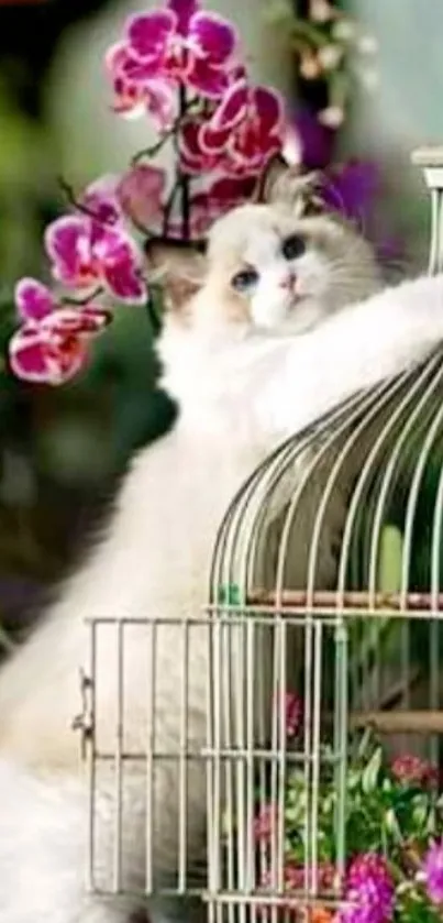 Fluffy white cat on a birdcage with vibrant pink orchids.