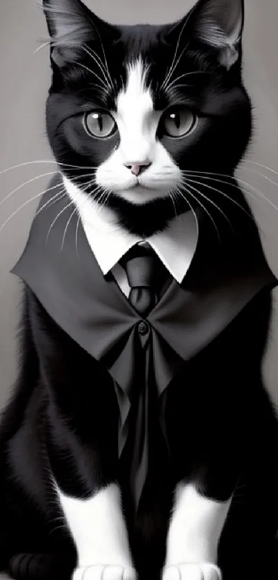 Elegant black and white tuxedo cat in a suit on a gray background.