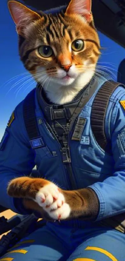 Cat wearing an astronaut suit in cockpit, against a vivid blue sky backdrop.