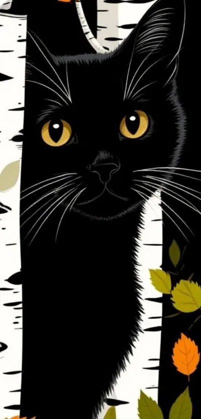 Black cat peeking through autumn birch trees.