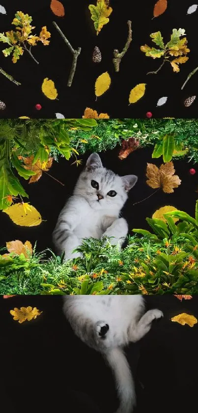 Cute cat surrounded by autumn leaves and greenery.