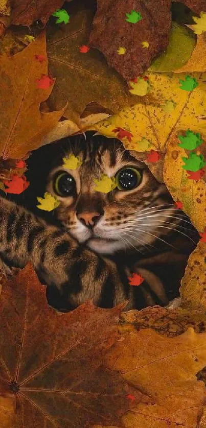 Cute cat peeking through colorful autumn leaves.