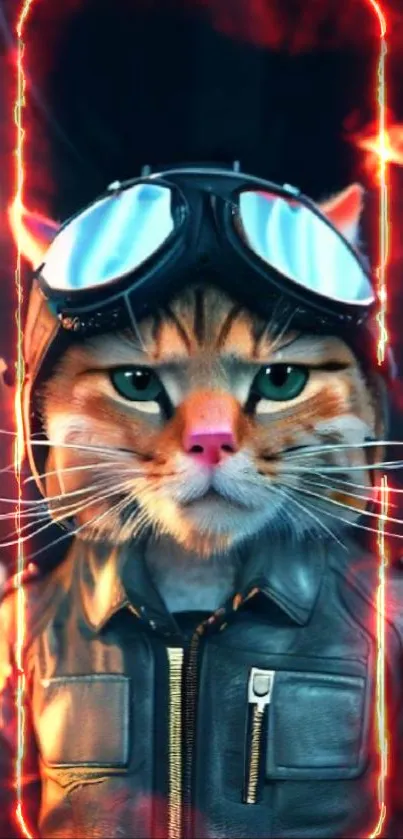 Cool cat in aviator jacket with flaming background on mobile wallpaper.