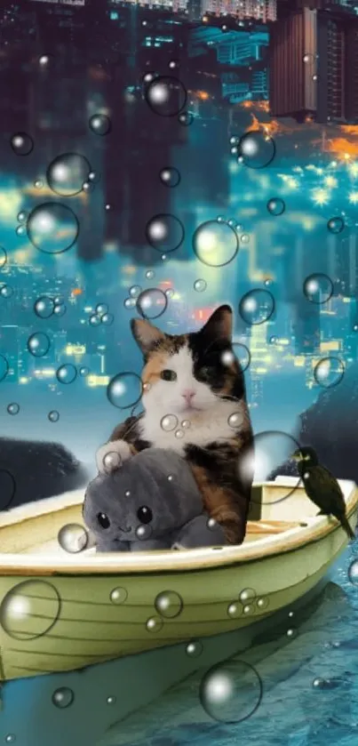 A cat in a boat with night cityscape and bubbles floating around.