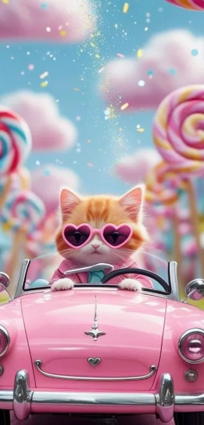 Cat with sunglasses in pink car in candy world.