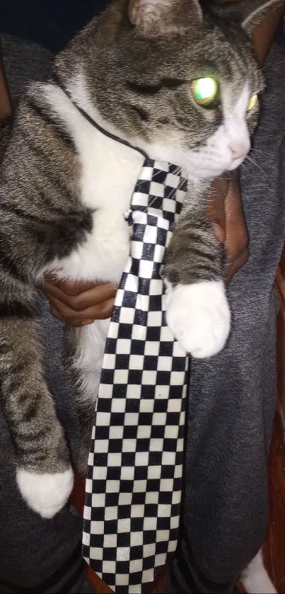 Cat wearing checkered tie mobile wallpaper.