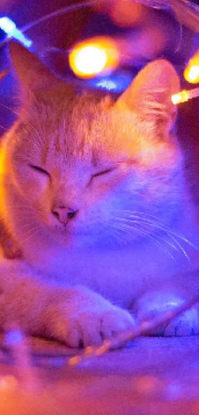 Serene cat surrounded by colorful lights in a cozy setting.