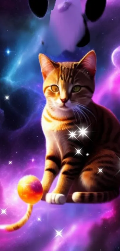 Cute cat sitting in vibrant cosmic space with stars.