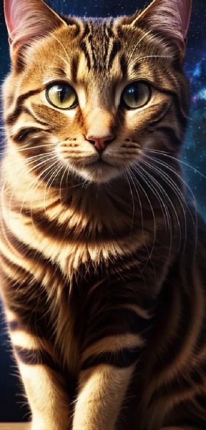 A majestic cat with galaxy background.