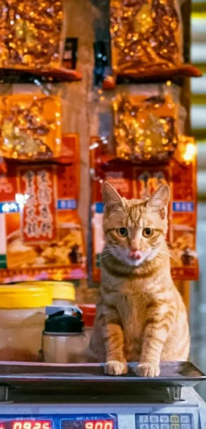 Adorable cat sitting on scale in a cozy market setting.