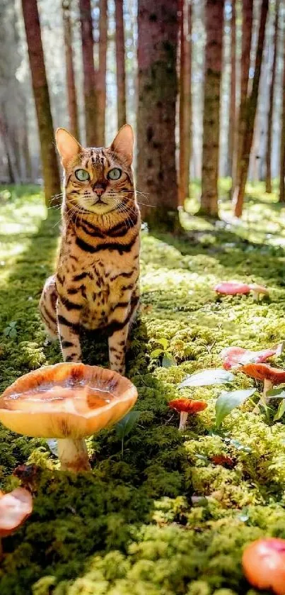 Bengal cat sitting among mushrooms in a lush green forest.