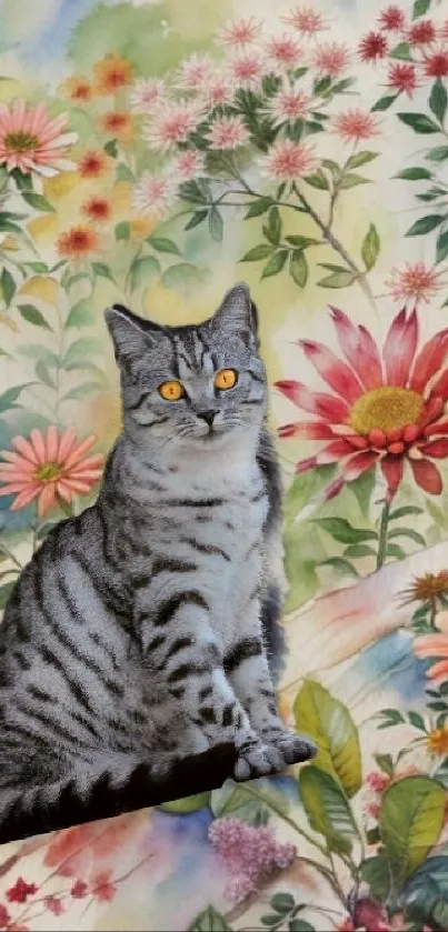 Cat sitting among colorful flowers on a wallpaper background.