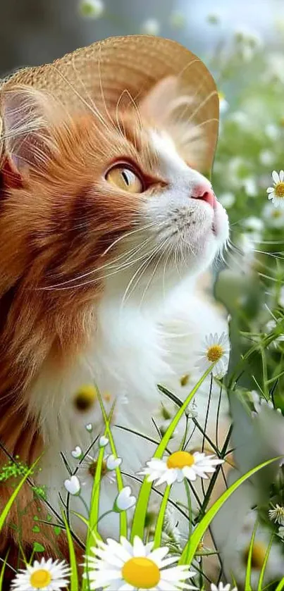 A fluffy cat wearing a hat amidst a field of white daisies.