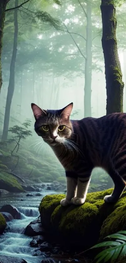 A curious cat stands on mossy rocks in a serene, lush green forest.