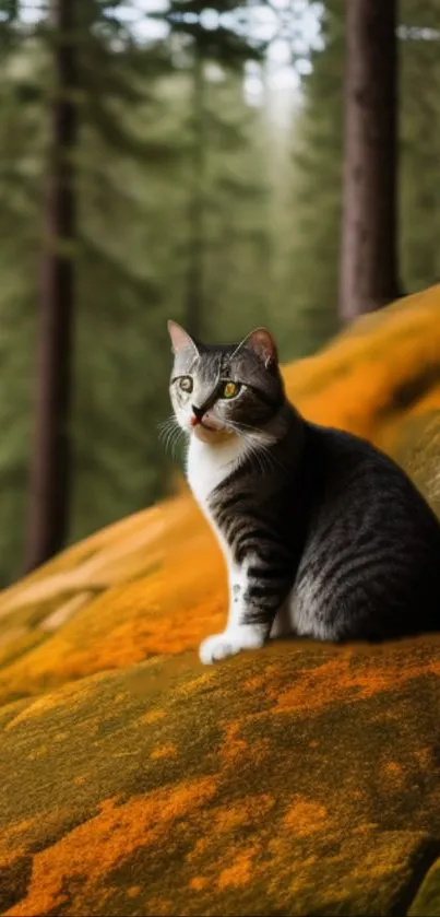 Cat sitting on a vibrant mossy rock in a tranquil forest scene.