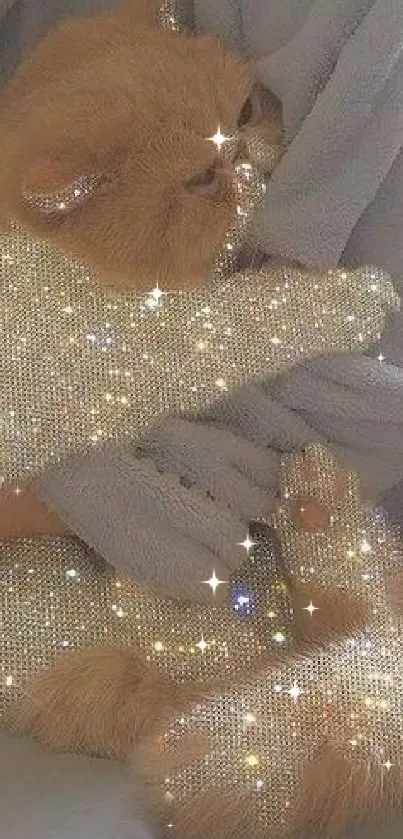 Fluffy cat wrapped in a sparkly, glitter-filled blanket.