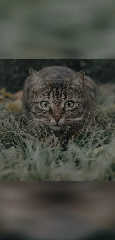 A cat crouching in lush green grass, staring intently.