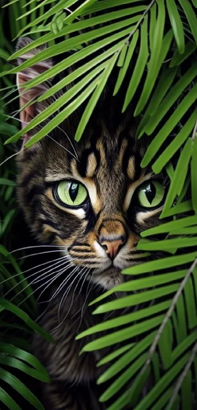 Cat peeking through jungle leaves, vibrant green wallpaper.