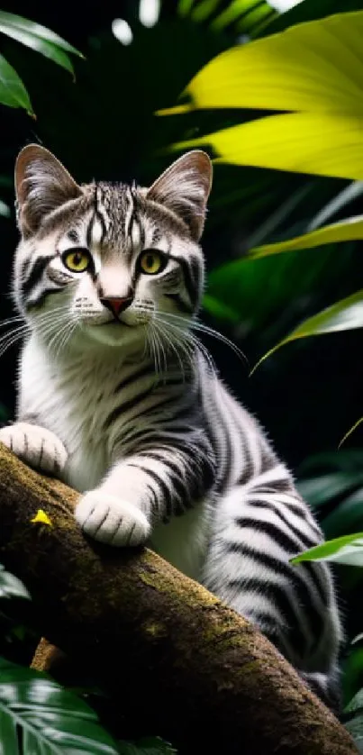 Striped cat on tree branch in jungle setting.