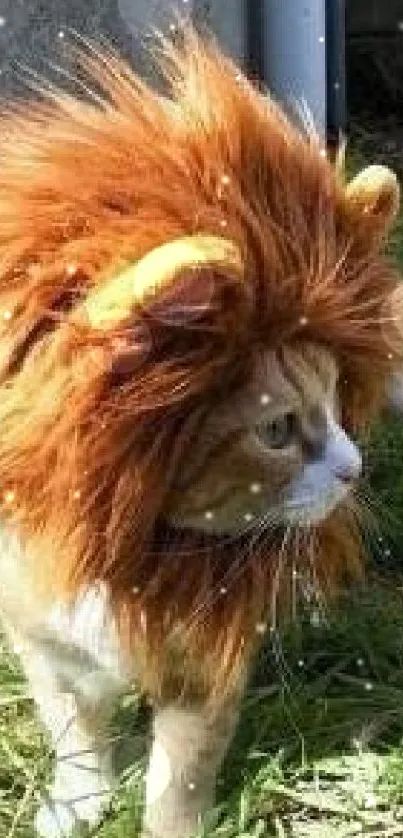 Cat dressed as a lion in a garden setting.