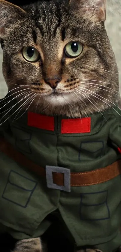 Tabby cat in a military-style outfit posing for a wallpaper.