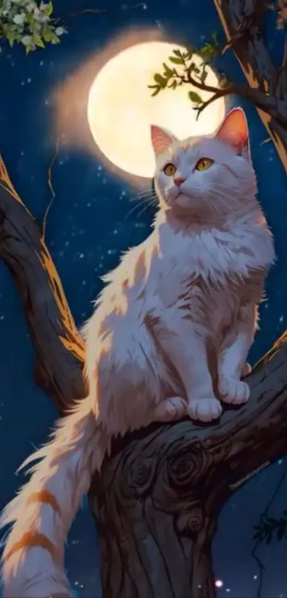 Cat on tree under full moon in night sky.