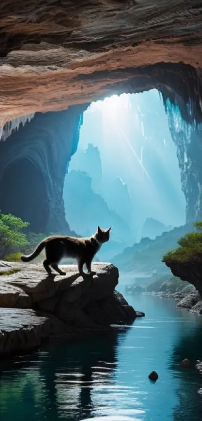 A silhouetted cat explores a teal-lit mystical cave.