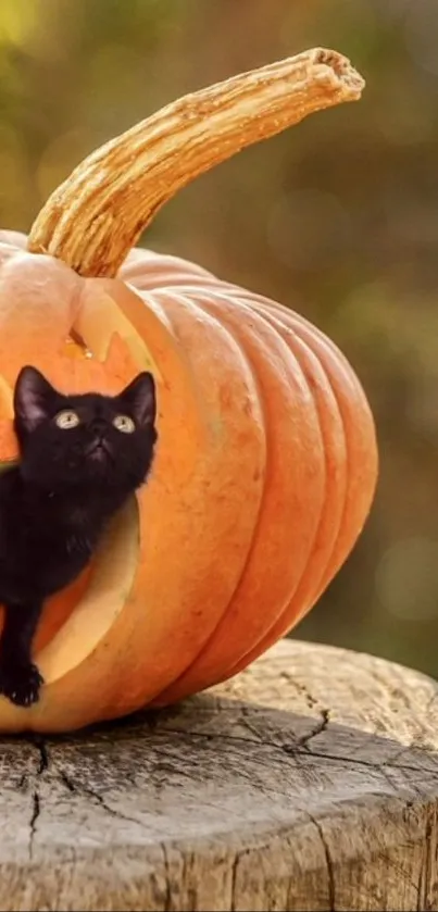 Black cat peeking from a carved pumpkin sitting on a wooden surface.