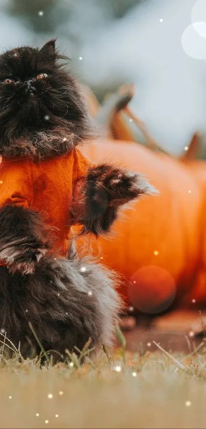 Fluffy cat wearing orange in a pumpkin patch, autumn wallpaper.