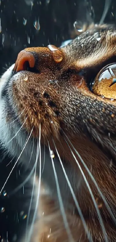 Close-up of a cat's face with raindrops on the fur in a serene wallpaper.