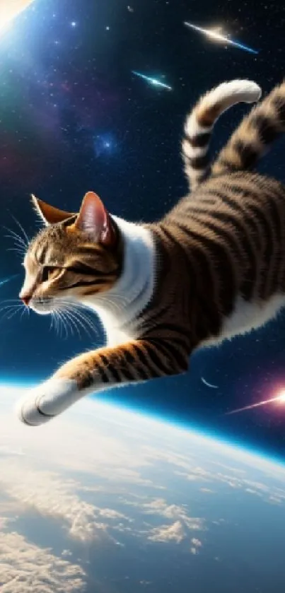 Tabby cat floating in space with Earth and stars in background.