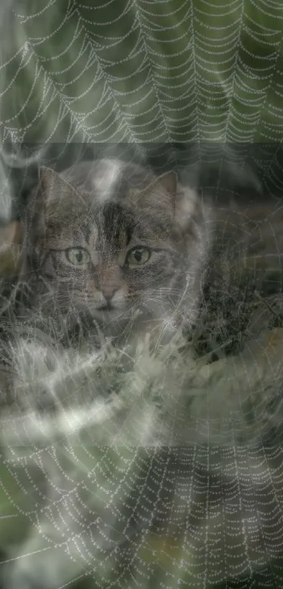 A cat camouflaged within a spider web in a forest setting.