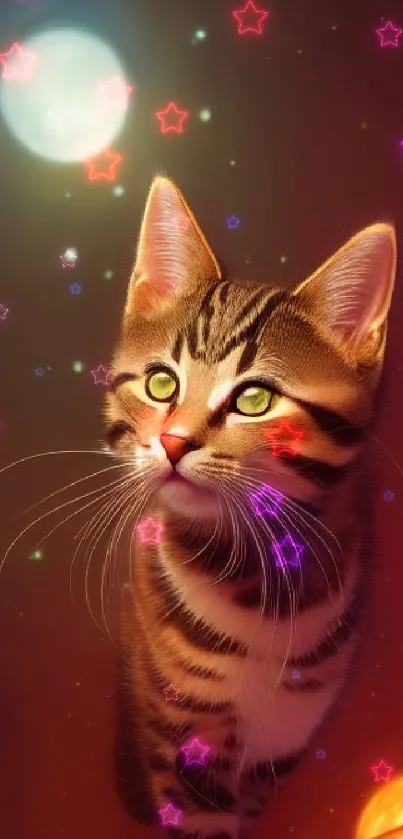 Cat gazing in a dreamy, stardust-filled sky wallpaper with celestial elements.