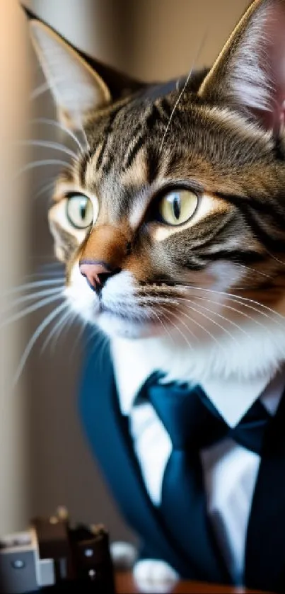 Cat wearing a suit next to a camera, styled elegantly.