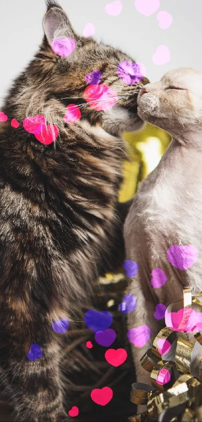 Two cats kissing surrounded by golden ribbons.